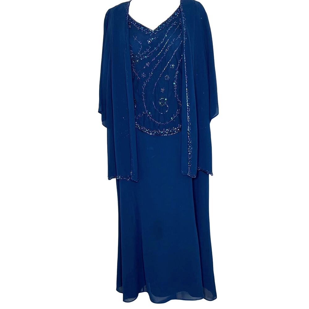 Vtg Night Scene Gown w Jacket 16/18 Blue Beaded Mother of the Bride Dress Formal